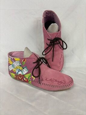 Ed Hardy Pink Suede Tattoo Moccasin Ankle Boots